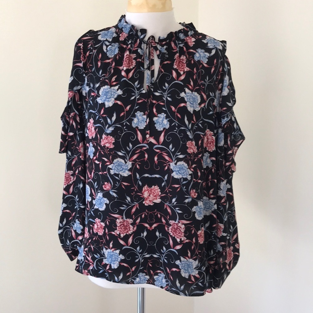 Cynthia Rowley large black ruffled neck cold shoulder long sleeve floral top.